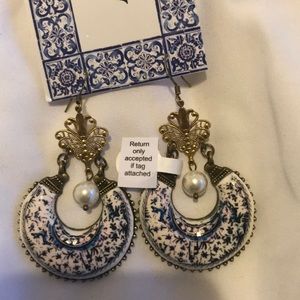 Blue tile chandelier pearl earrings